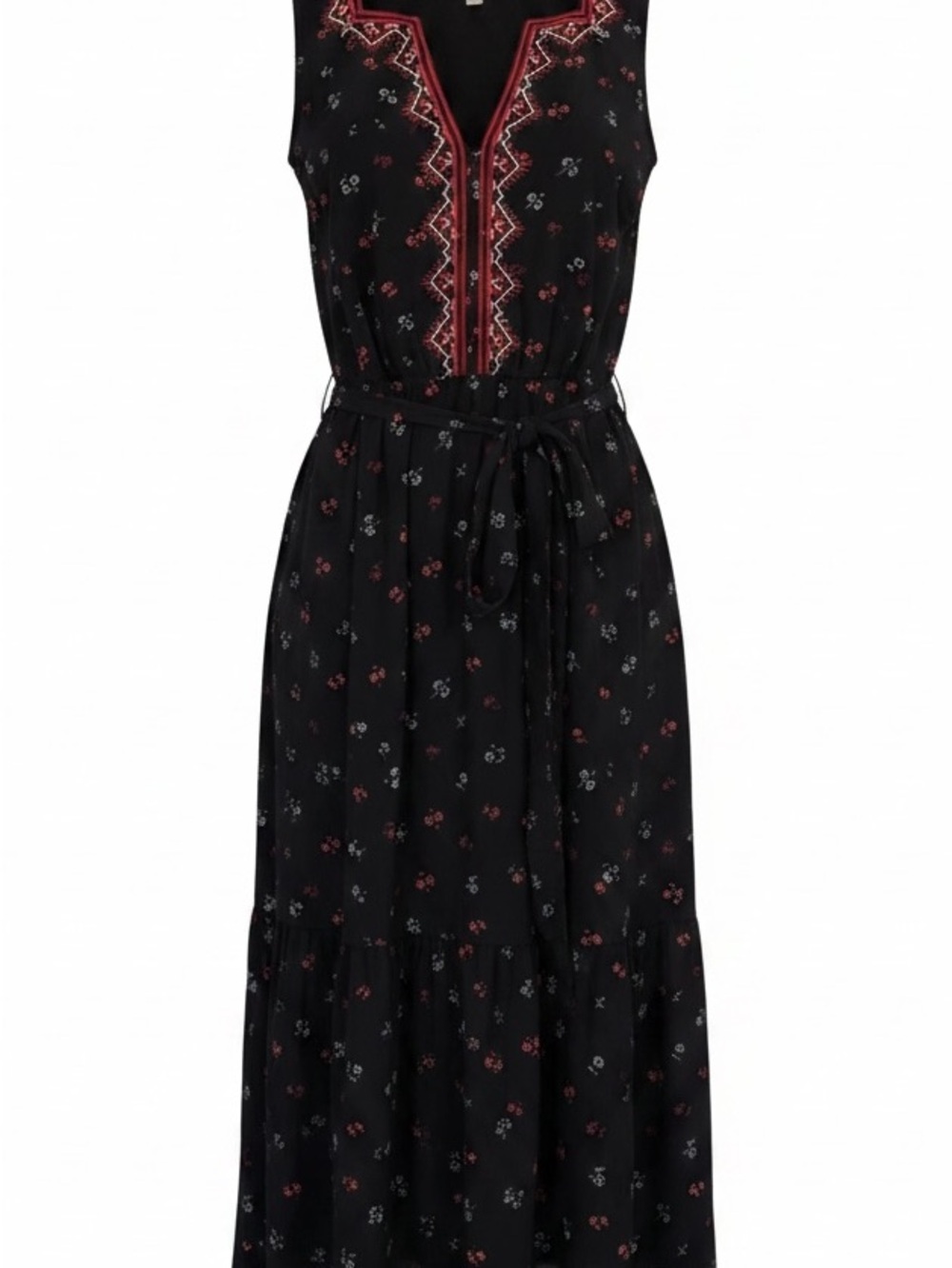 Gap Black Floral Ditsy Print Embroidered Midi Dress Tie Waist Sleeveless Size M - Picture 3 of 7